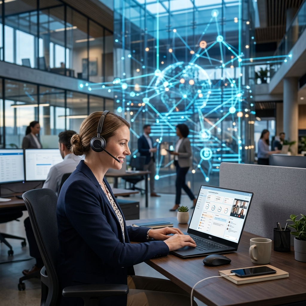Cloud communications platform dashboard on a modern office screen