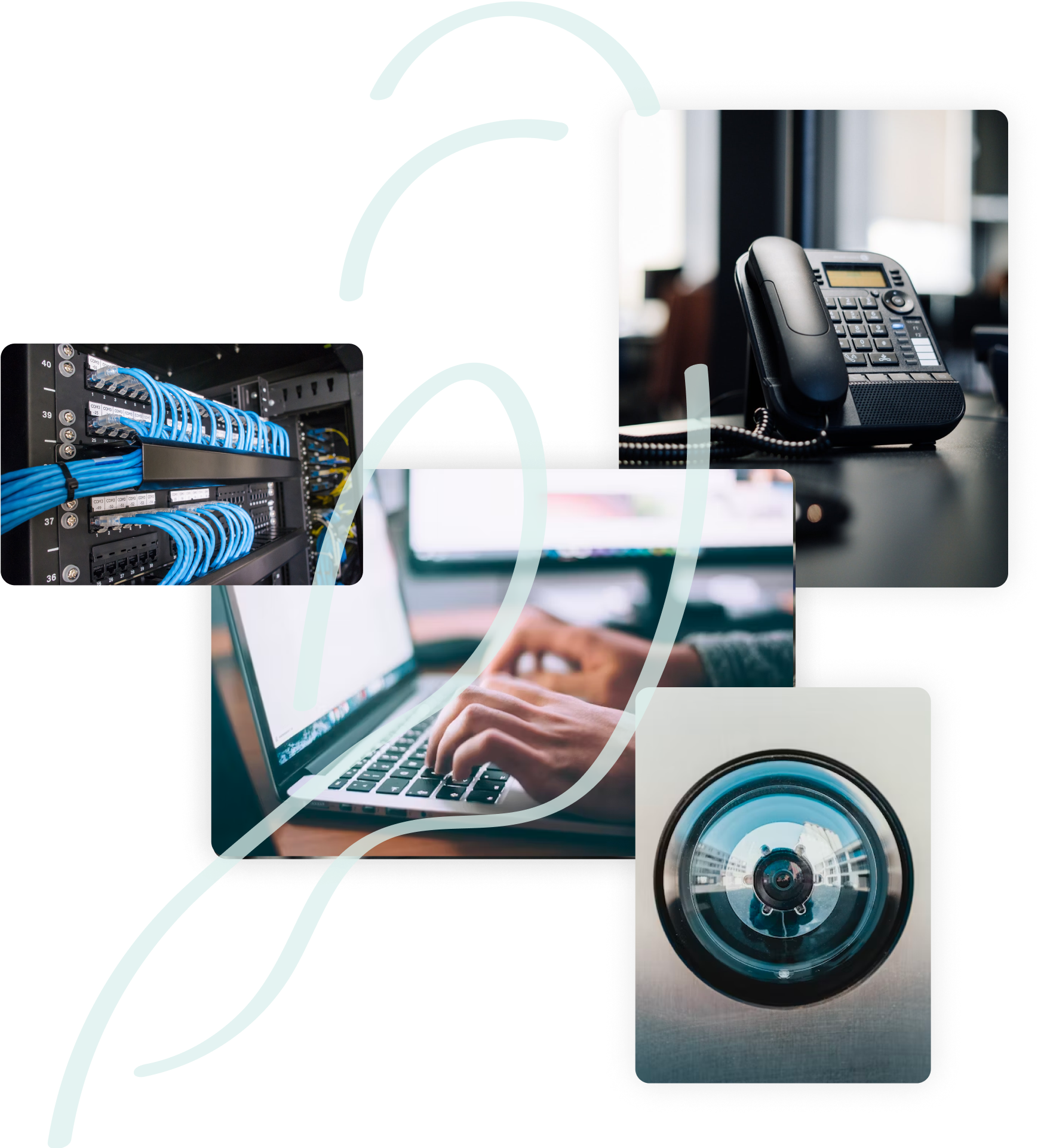 Various photos of communications solutions overlaid with a Kookaburra