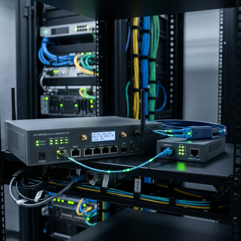 Business internet router and fibre equipment in a communications rack