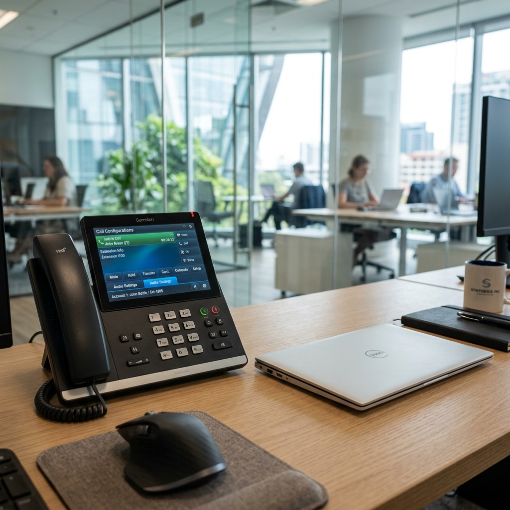 Modern VoIP desk phone beside a laptop in an office
