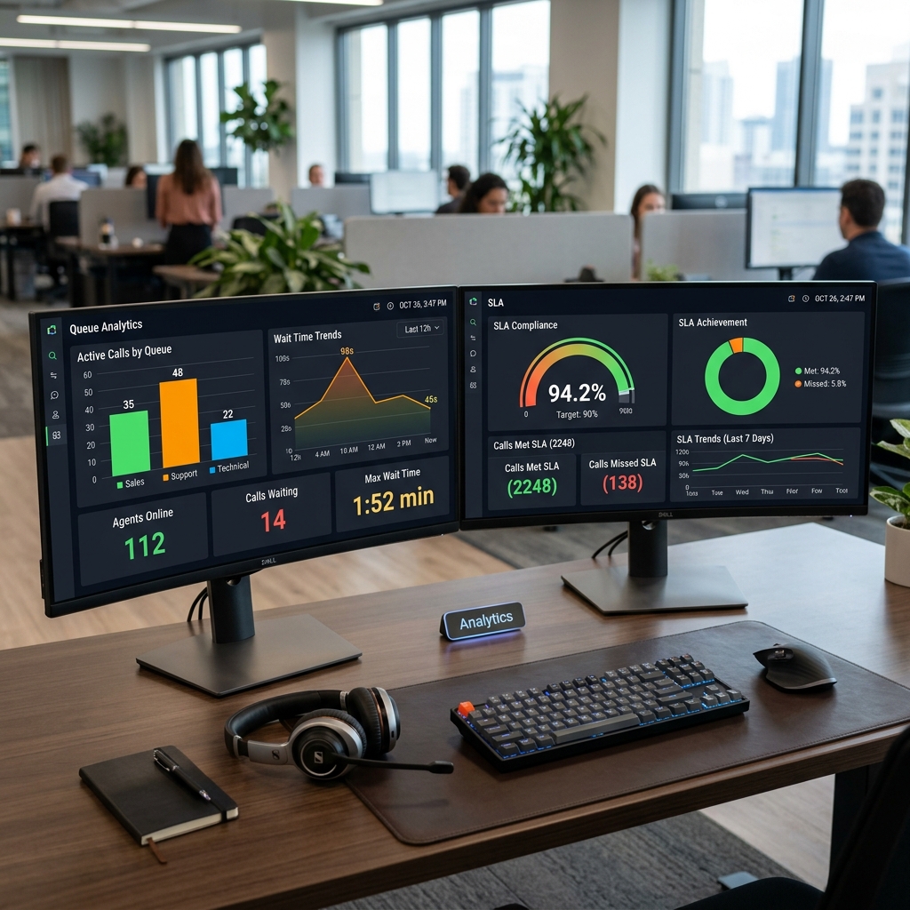 Dual-monitor contact centre analytics dashboard with real-time queue SLA compliance stats and a premium headset on the desk