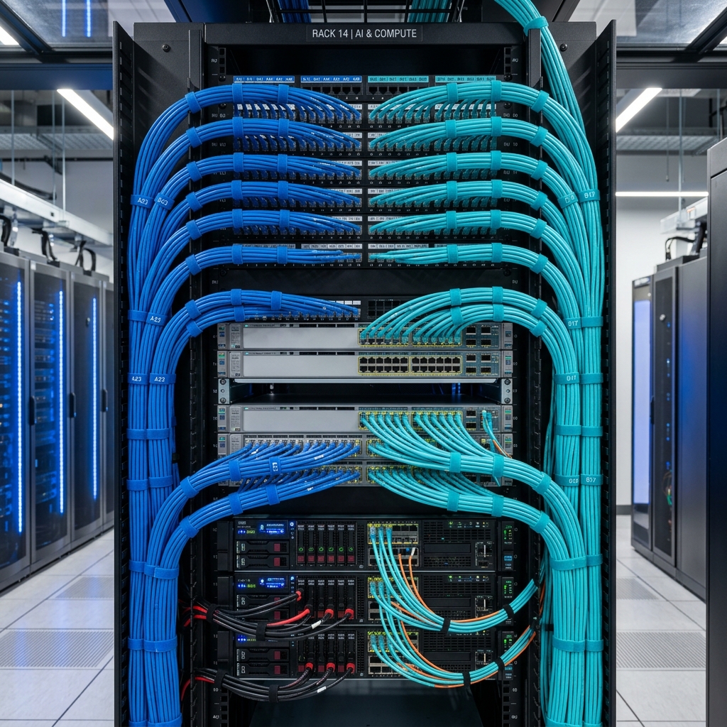 Organised blue structured data cabling in a communications rack