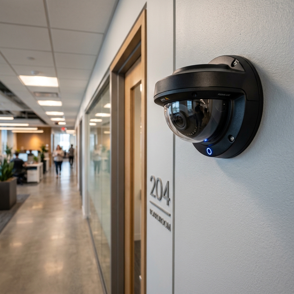 Modern IP dome security camera mounted in a business hallway