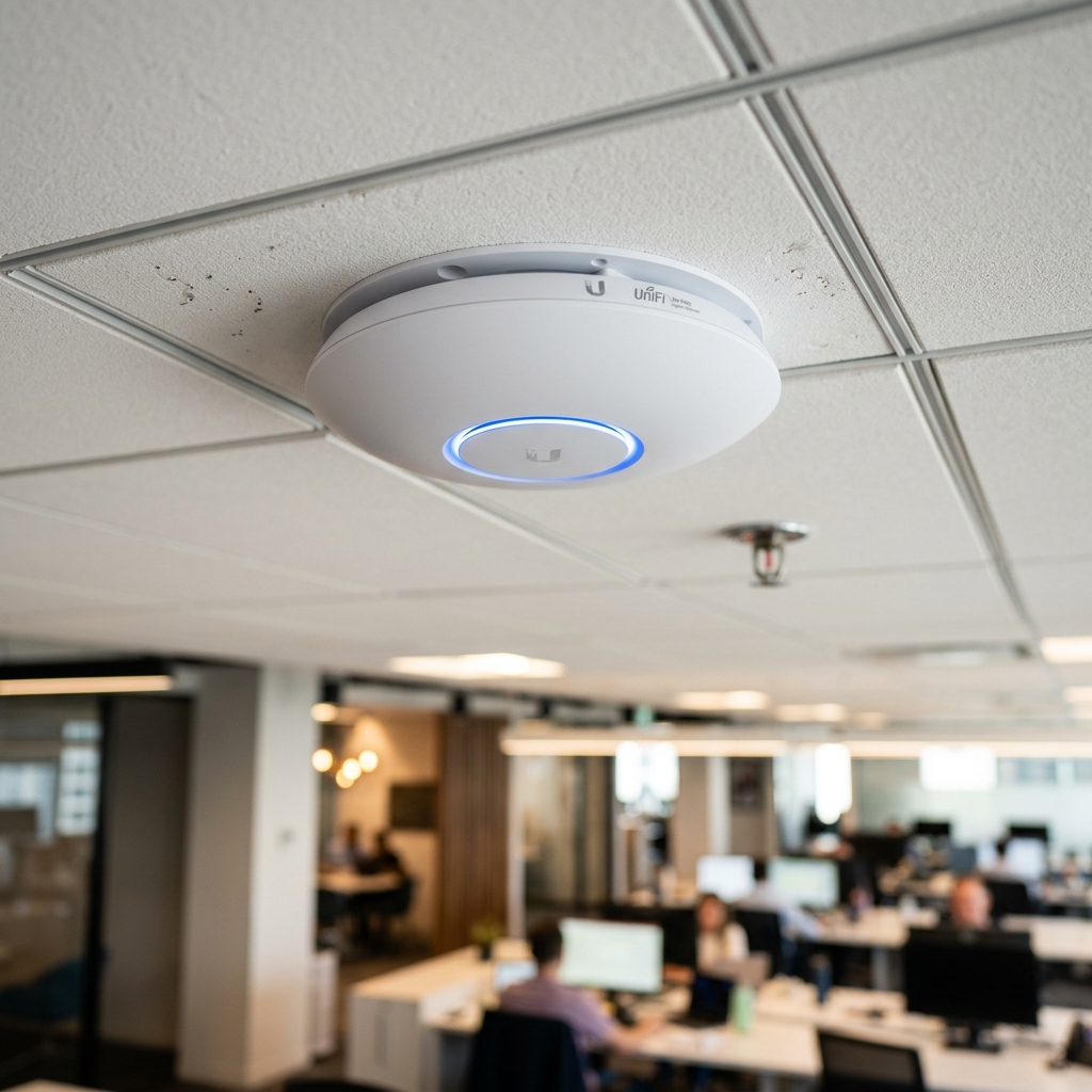 Ceiling mounted Ubiquiti UniFi access point in a business office